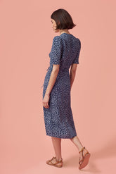 Short Sleeve V-Neck Print Midi Dress Blue